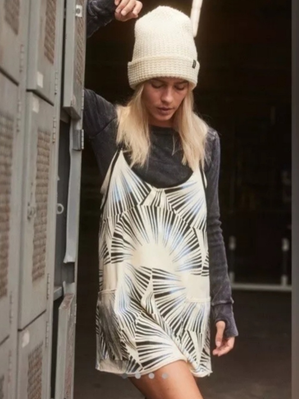 FP Movement by Free People Cream and Black Palm-Print Romper Sunrise Geo Combo